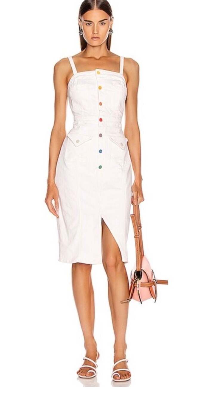MOTHER The Short Social Butterfly Denim Midi Dress with Rainbow Buttons